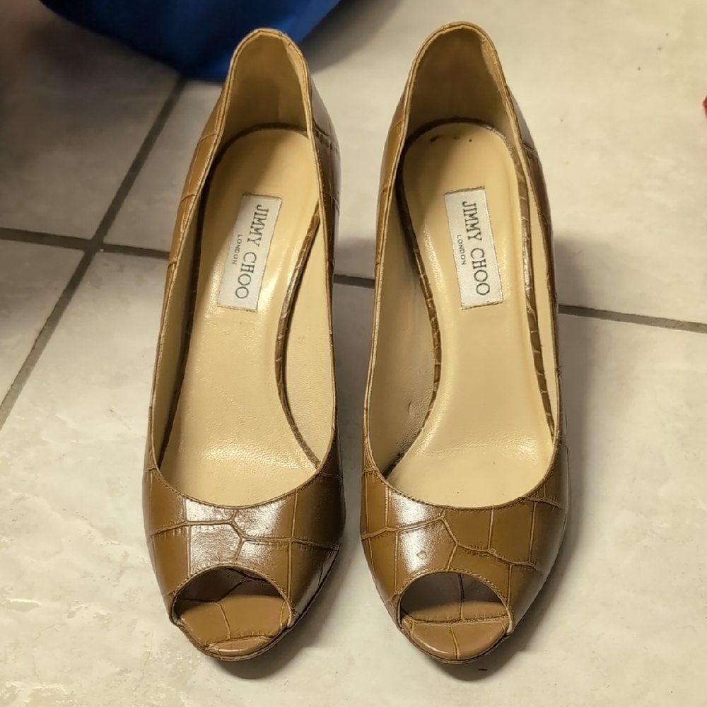 Jimmy Choo Croc-Embossed Tan Peep-Toe Heels